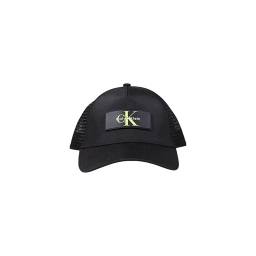Black Calvin Klein mesh trucker cap with adjustable strap for a stylish, comfortable fit