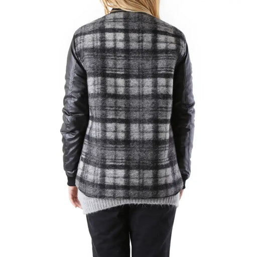 Black checked long wool jacket with black and gray plaid wool blend body and leather sleeves with front pockets