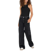 Black cotton blend wide-leg jeans for women with high waist and cargo pockets in black denim fabric