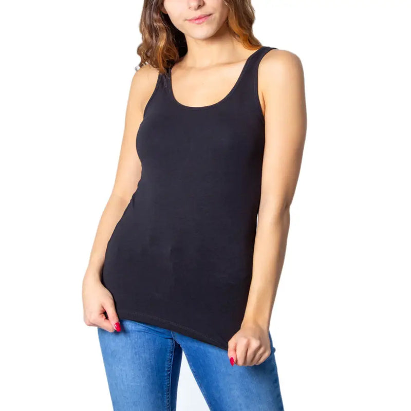 Black cotton blend sleeveless tank top for women with rounded neckline and fitted silhouette
