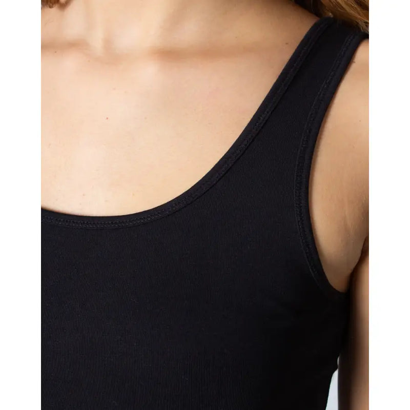 Black ribbed cotton blend tank top with square neckline and seamless straps for women