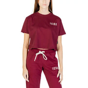 Black cotton print women’s round neck t-shirt with maroon crop and white Icon logo