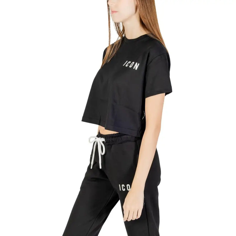 Black Cotton Print Women’s Round Neck T-Shirt with Icon Print