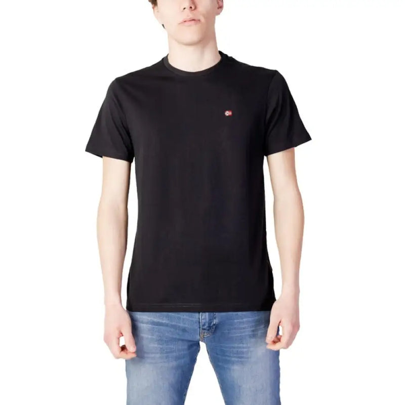 Black crew neck cotton t-shirt from Napapijri for men, showcasing a plain design