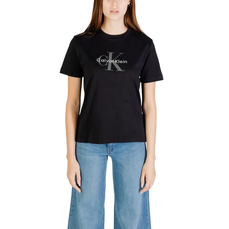 Black crew-neck T-shirt with Calvin Klein logo in white and gray for women