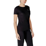 Black crewneck t shirt featuring a black short-sleeved design with a subtle logo on the left chest