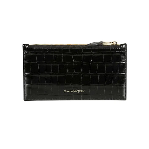 Black crocodile-patterned wallet with zipper and skull detail for a stylish look