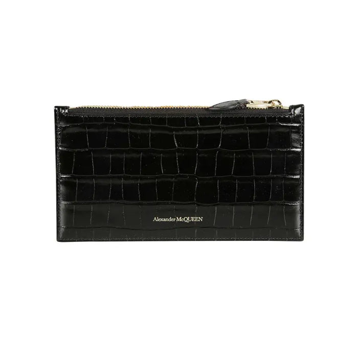 Black crocodile-patterned wallet with zipper and skull detail for a stylish look