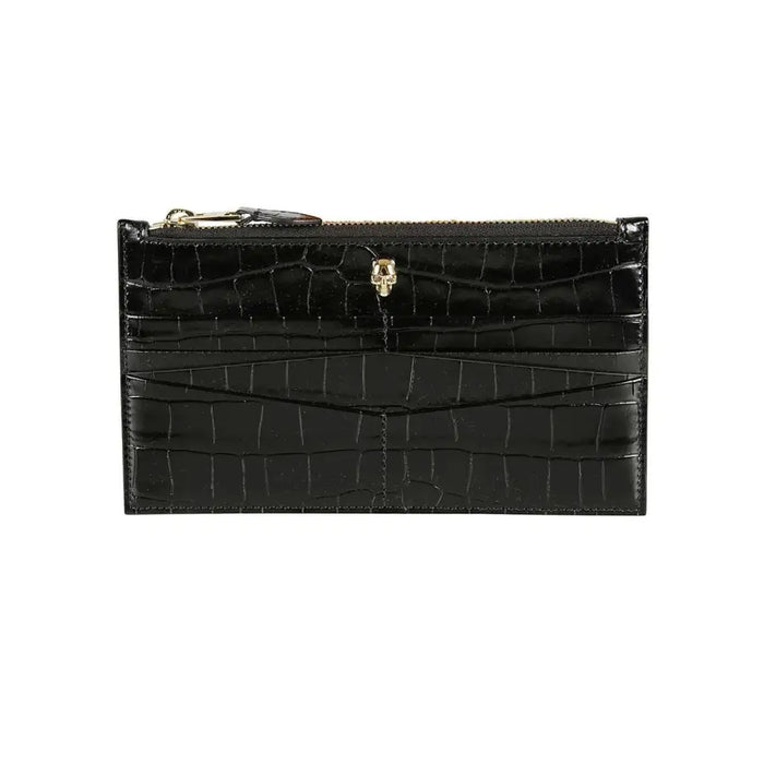 Black crocodile-patterned wallet featuring a distinctive skull detail for stylish accessories