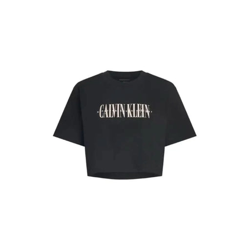 Black cropped Calvin Klein t-shirt featuring white logo text on organic cotton fabric