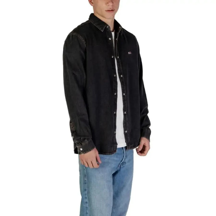 Black denim button-up shirt with logo patch from Tommy Hilfiger Women’s collection