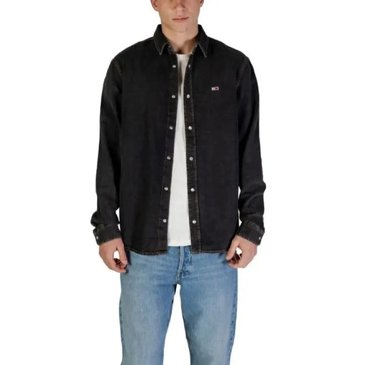 Black denim button-up shirt with logo patch from Tommy Hilfiger Women’s collection