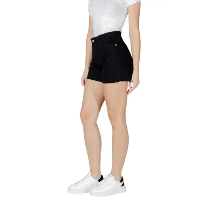 Women’s Black Denim Shorts displayed in a product image on an online retail site