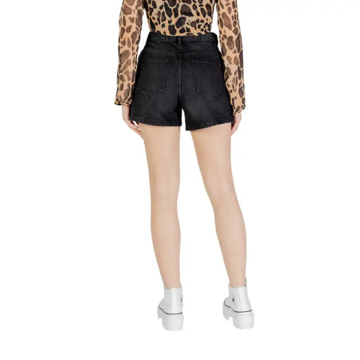 Womens Black Denim Shorts displayed on a white background, stylish casual apparel