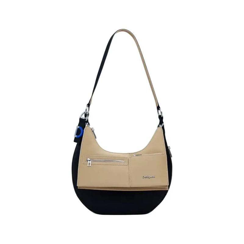 Black and tan Desigual women’s shoulder handbag with top zipper closure and multiple pockets