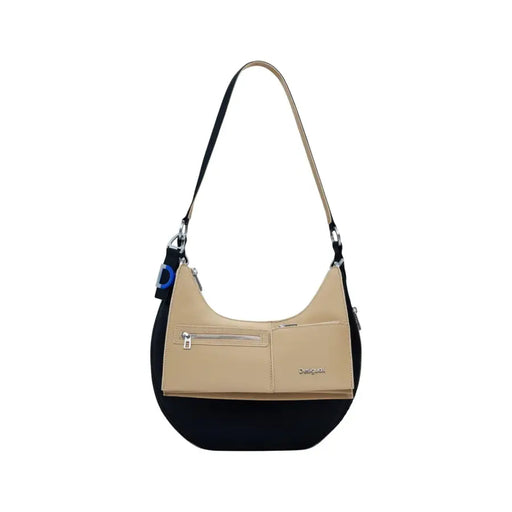 Black and tan Desigual women’s shoulder handbag with top zipper closure and multiple pockets