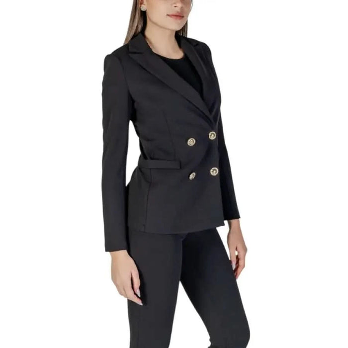 Black double-breasted Rinascimento blazer with gold buttons and front pockets