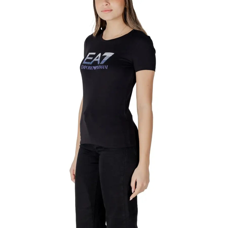 Black ea7 emporio armani women’s short-sleeved cotton t-shirt with bold logo print across the chest