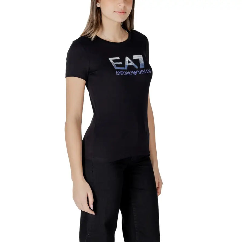 Black EA7 Emporio Armani short-sleeved t shirt with a blue and silver gradient logo on soft cotton fabric
