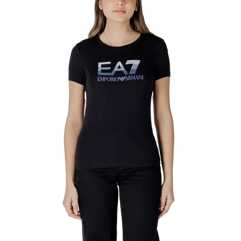 Black EA7 Emporio Armani short-sleeved t shirt with a bold shimmering silver and blue logo on the front
