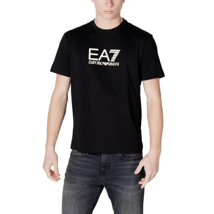 Black EA7 Emporio Armani T-shirt featured in EA7 Men Blue Slip On Round Neck Cotton design