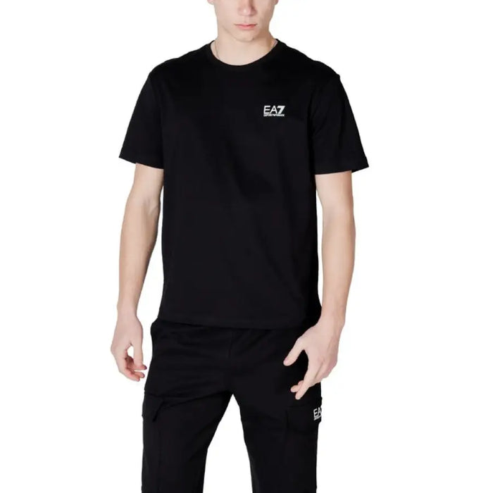 Black EA7 cotton t-shirt and pants set for men displayed together stylishly