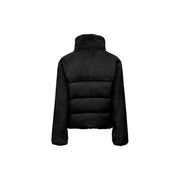 Black faux fur puffer jacket featuring front pockets for women’s stylish winter wear