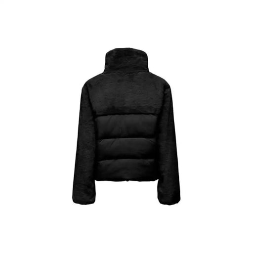 Black faux fur puffer jacket featuring front pockets for women’s stylish winter wear