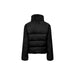 Black faux fur puffer jacket featuring front pockets for women’s stylish winter wear
