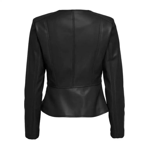 Women’s Black Zip Jacket with Round Neck in black faux leather. Stylish and versatile
