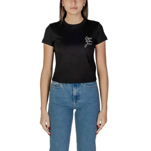 Black fitted t-shirt with embroidered text on the chest from Calvin Klein Jeans