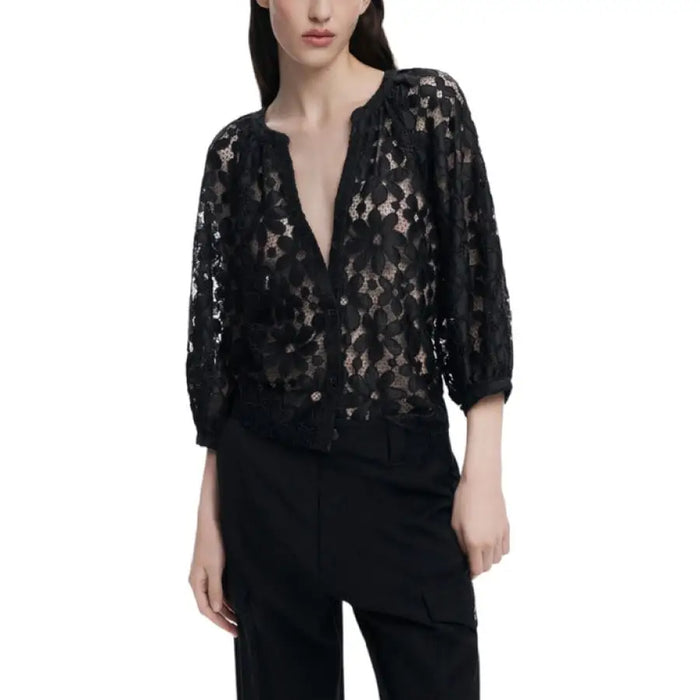 Black floral lace blouse detailed in Women’s Blue Lace Blouse product image