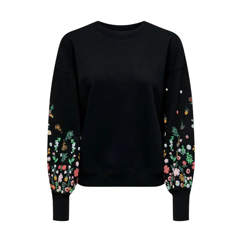 Black floral round neck sweatshirt for women with colorful floral embroidery along the sleeves