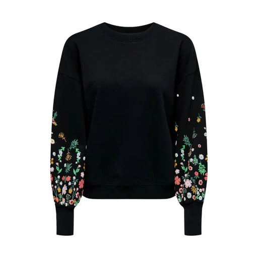Black floral round neck sweatshirt for women with embroidered sleeves