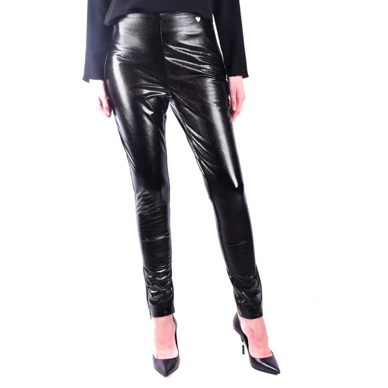 Black glossy viscose leggings by Twinset women featuring a high-waisted design and subtle textured pattern
