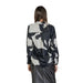 Back view of Women’s Black Long V-Neck Shirt in black and grey camouflage print