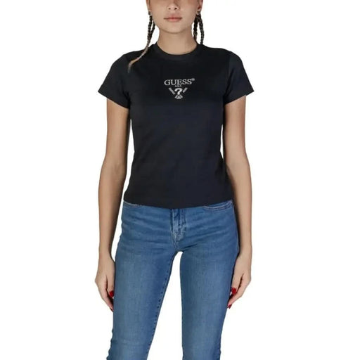 Black Guess logo t-shirt with short sleeves featured in Guess Active Women’s Round Neck design