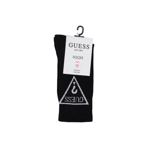 Black Guess sock in black featuring a white triangular logo with brand name and hook symbol displayed on a hanger