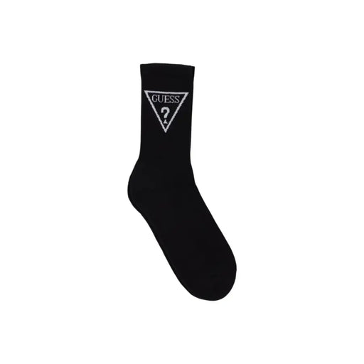 Black Guess sock in black featuring a white triangular logo with the brand name and question mark on the back side