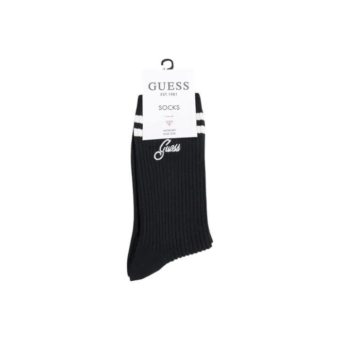Black Guess socks featuring pink ribbing with maroon and red stripes