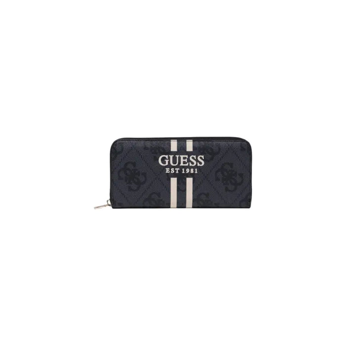 Black Guess wallet with white stripes and wrist strap, stylish and secure accessory