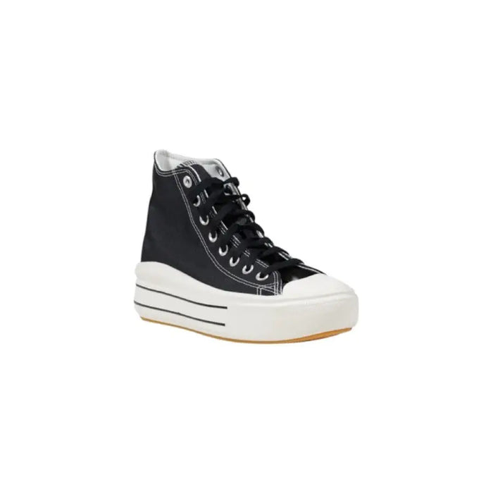 Black high-top platform sneaker showcasing stylish and trendy footwear design
