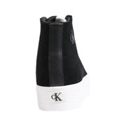 Black high top sneaker with white platform sole made of black suede featuring the ck logo embroidered on the side