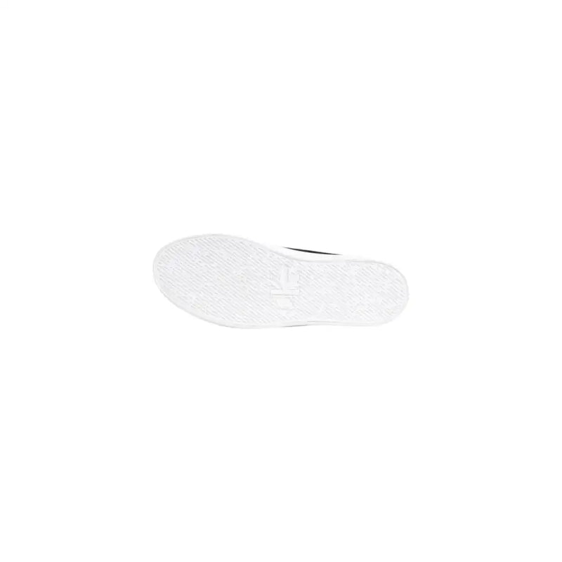 Black high top sneaker with white rubber platform sole featuring textured pattern and subtle branding on the back side
