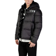 Black puffer jacket with ’icon’ logo and hood, likely made of synthetic material.