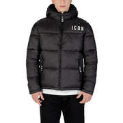 Black puffer jacket with ’icon’ branding and hood, made of synthetic material.