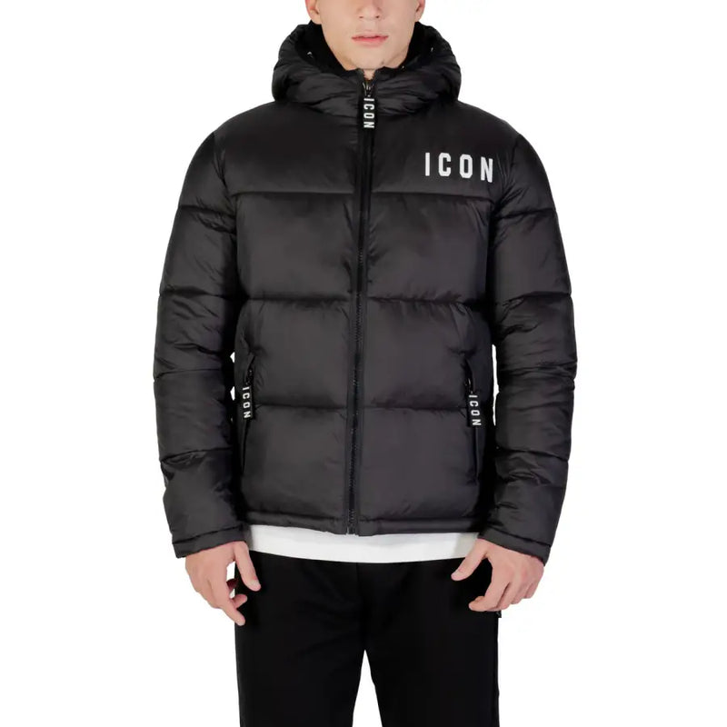 Black puffer jacket with ’icon’ branding and hood, made of synthetic material.