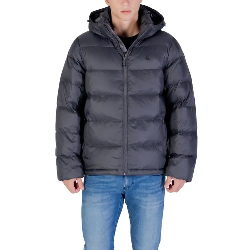 Charcoal gray puffer jacket with hood and quilted design, ralph lauren brand.