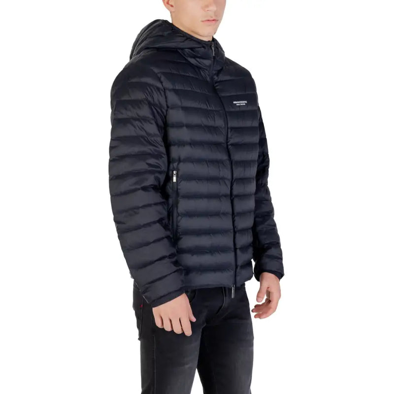 Black hooded puffer jacket featuring quilted design with front zipper for warmth and comfort