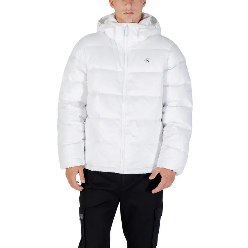 White puffer jacket with hood and calvin klein logo.